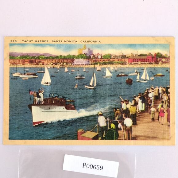 Vintage Other - Yacht Harbor Santa Monica California 1940s Linen Postcard Sailboats People Boats